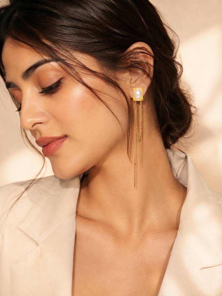 Pearl Chain Drop Earrings : AN-LJ-GO-0061-DE