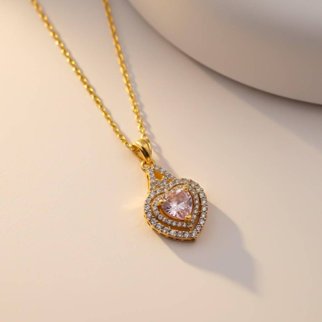 Silver Pink Sapphire Heart Halo Pendant : ZLP-1166