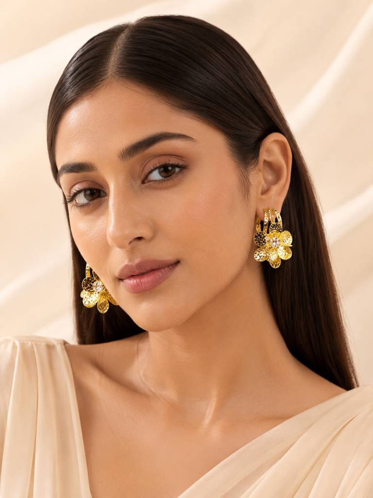 Floral Crystal Gold Earrings : AN-LJ-GO-0052-DE