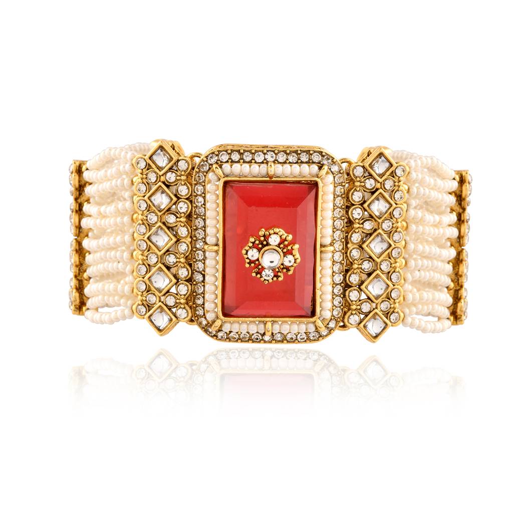 Kundan Opulance Maroon Cz Pearl-Beaded Yellow Gold-Plated Bracelet : 8905124585469