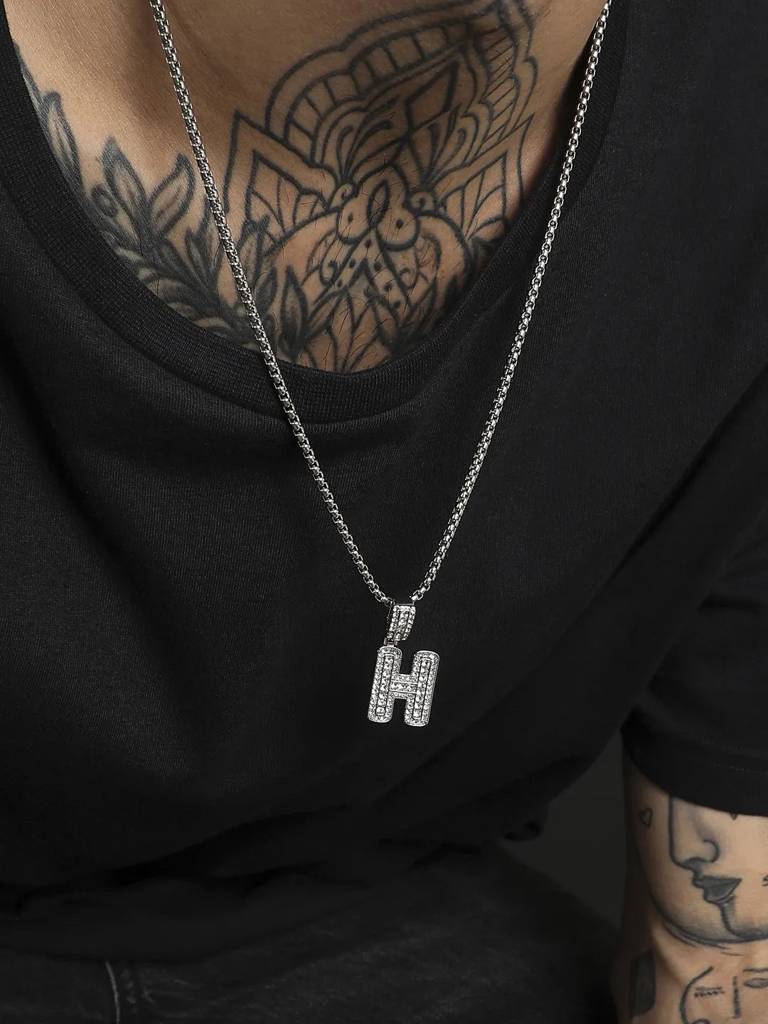 Men'S Embellished Alphabet Pendant Necklace - Silver : FANC1071-H