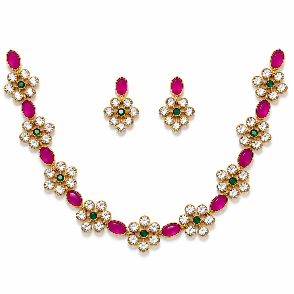 Gold Plated Floral Multicolor Necklace Set | Glam Party Wear Jewellery : OSMJ-023-IG_NKER