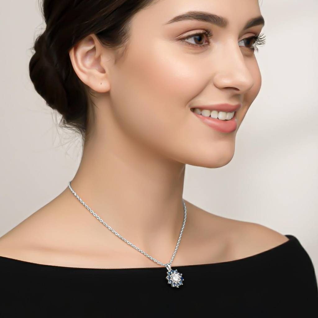 Silver Blue Sapphire Floral Halo Pendant : ZLP-1173