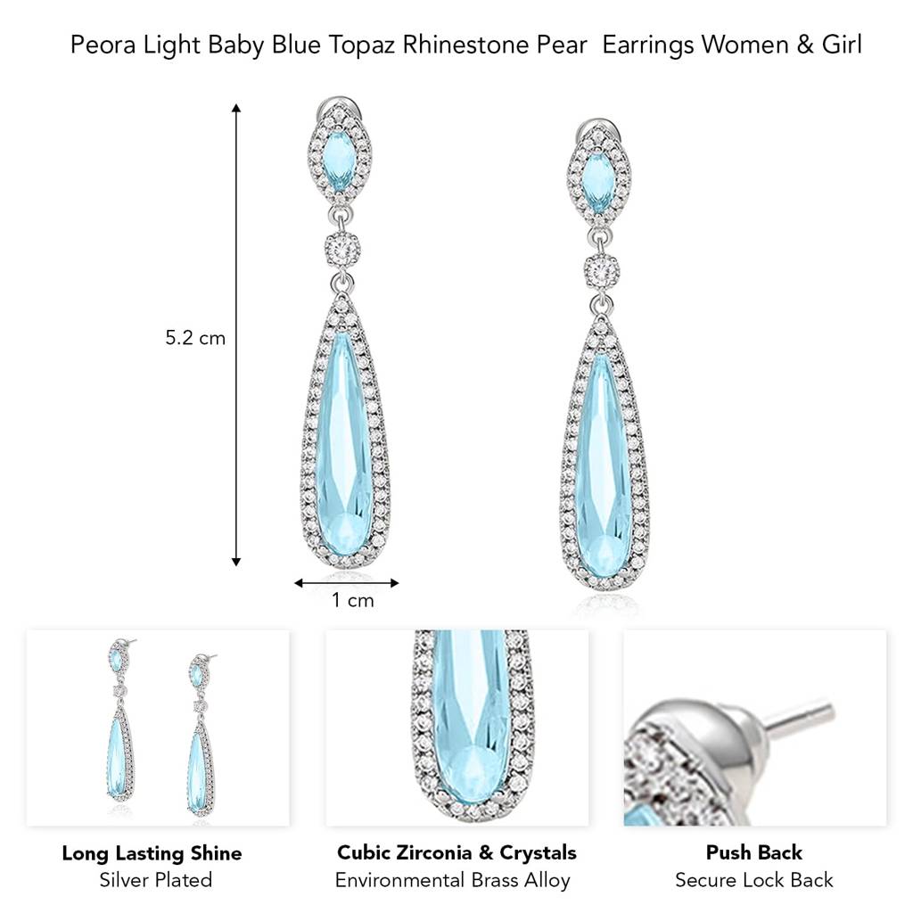 Silver Plated Cubic Zirconia & Sky Blue Crystal Studded Long Teardrops Earrings Fashion Jewellery For Women & Girls : PX9E3028SB