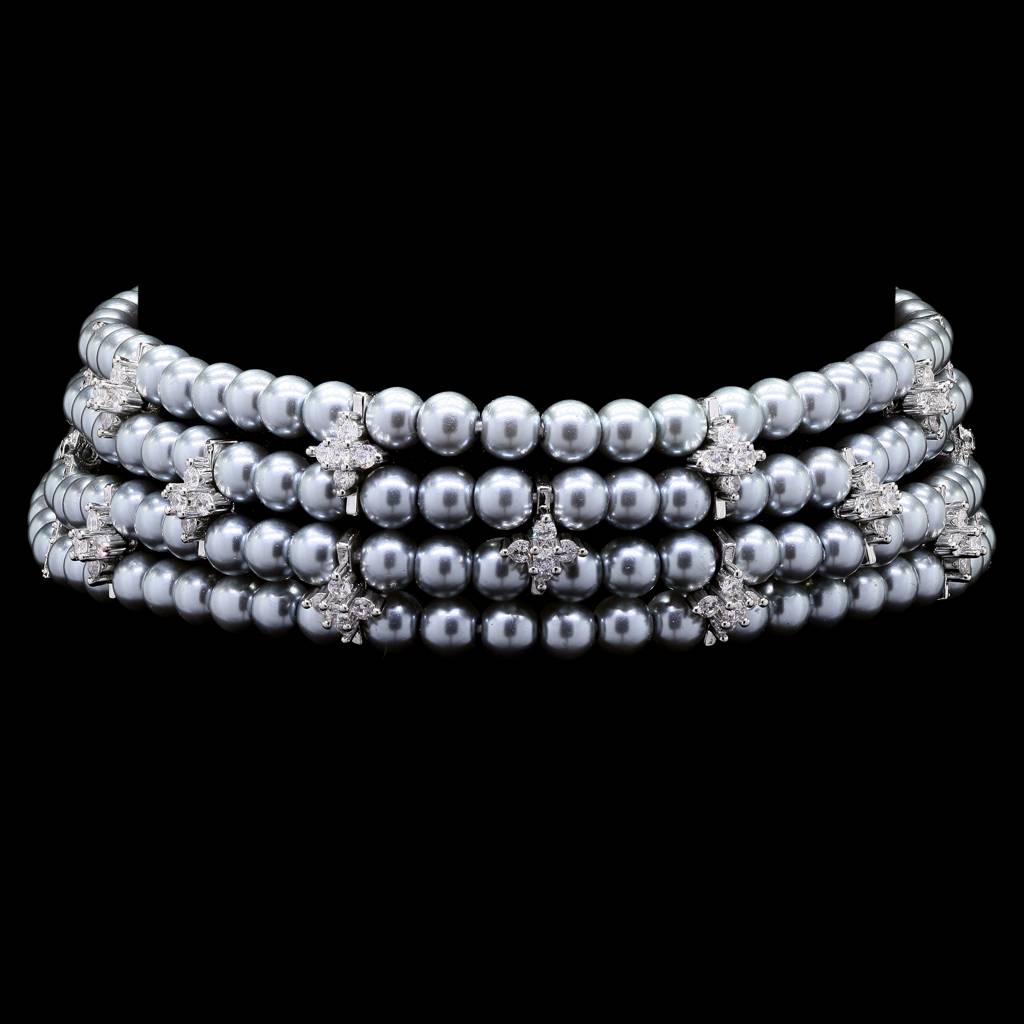 Anti Tarnish Grey Pearl Layered Choker Necklace Set With Earrings For Women | Grey Pearl Wedding, Party Wear & Fest : 500052_2