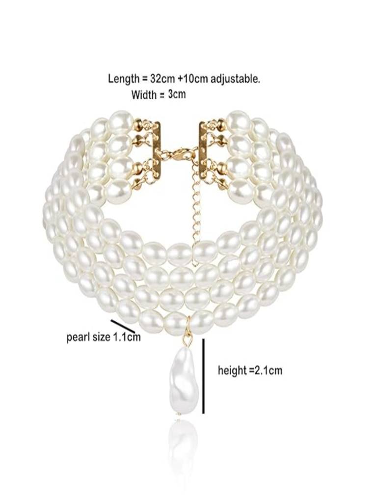 Multi Layered Oval White Faux Pearl Drop Choker Necklace : ASX0121N2436