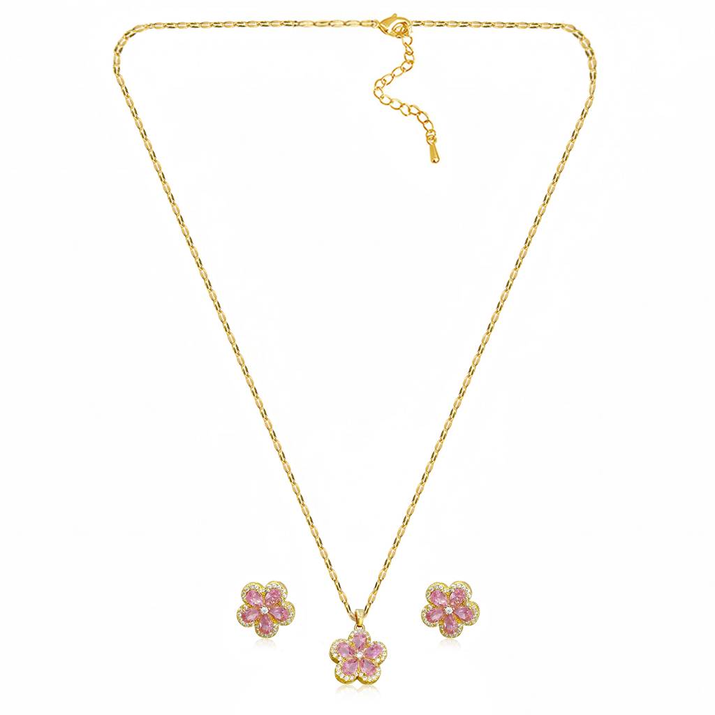Pink Floral Pendant Chain Necklace Earrings Set For Women & Girls | Gold Plated | Crystals & Cubic Zirconia Studd : PX9PS64GPK