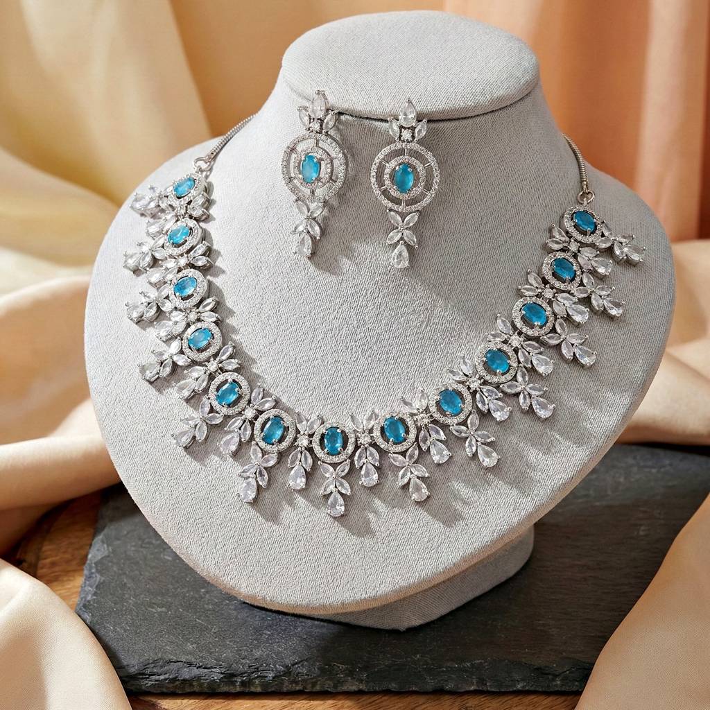 Silver-Tone American Diamond Necklace Set With Earrings For Women – Office, Party & Wedding Wear : 1717-K4SA-2242-F-S