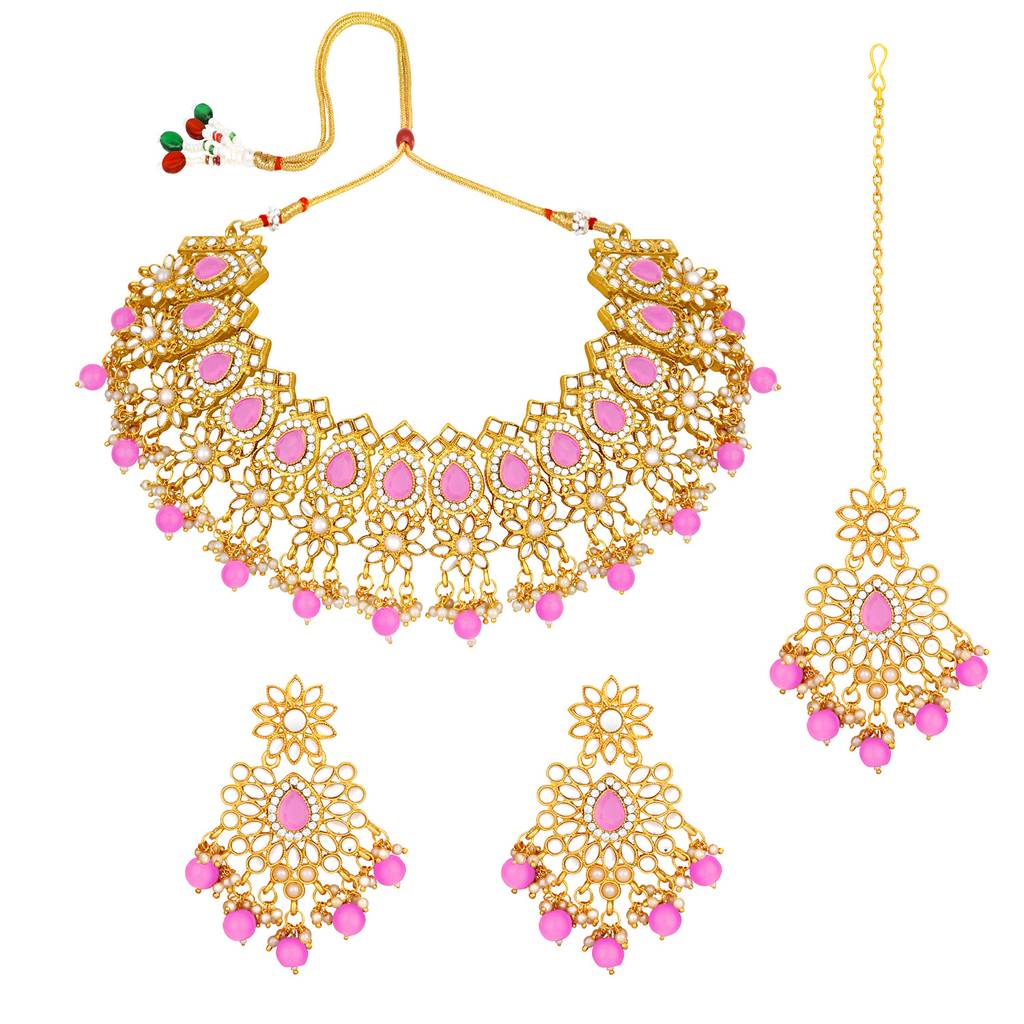 Peora Gold Plated Kundan Dangling Pearls Necklace Earring Maangtikka Jewellery Set For Women : PF28N126PK