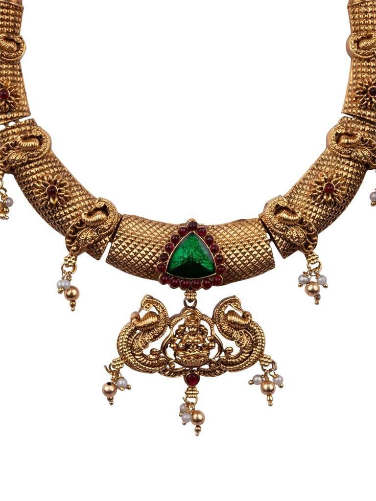 Traditional Temple Green Necklace Set : SATJS369GREEN