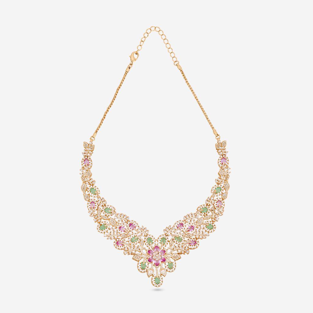 Pink-Mint Gold Rose - Plated Party Wear Zircon Necklace - 470898 : 470898