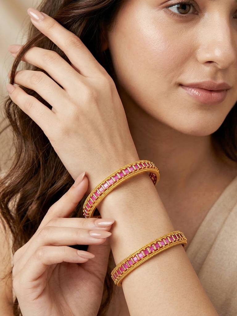 Gold Plated Temple Style Magenta Stone Bangle For Women | Elegant Ethnic Wedding Festive Kada Jewellery : 945-C1BG-2212-2-24