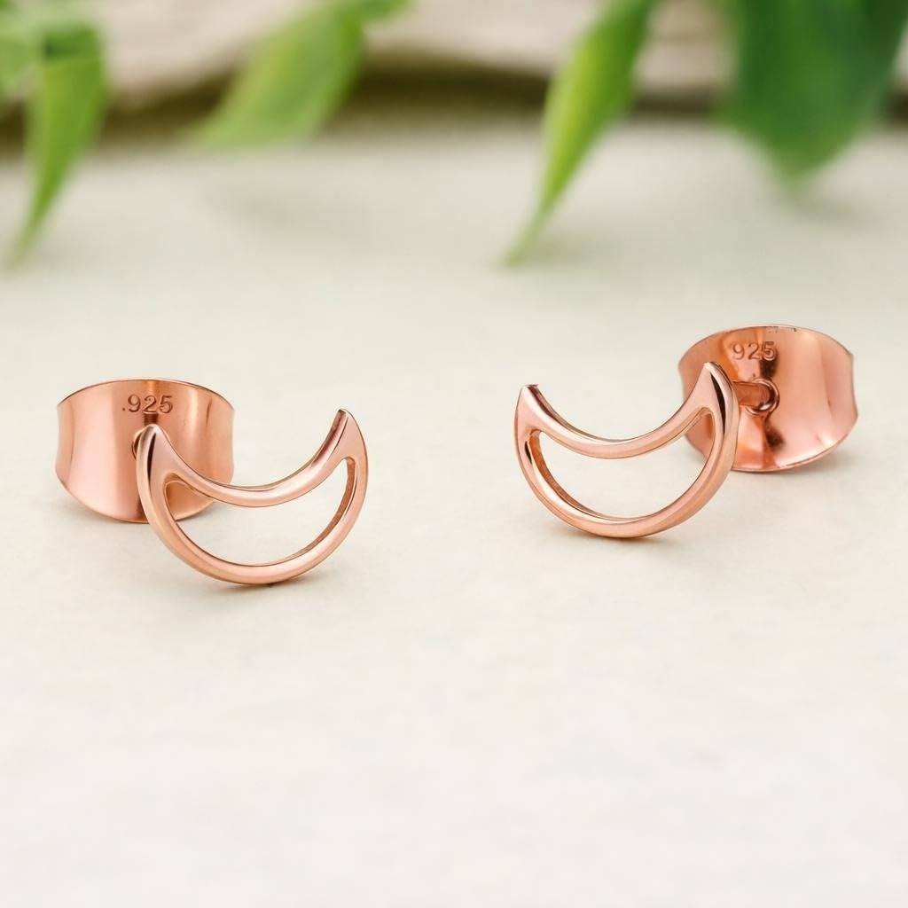 925 Silver Crescent Moon Stud Earrings Rose Gold Finish Celestial : SE_000928