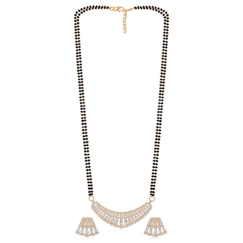 Rose Gold Plated Cubic Zirconia Studded Pendant Mangalsutra Stud Earring Set Jewellery Anniversary Gift For Women : PF43MS04C