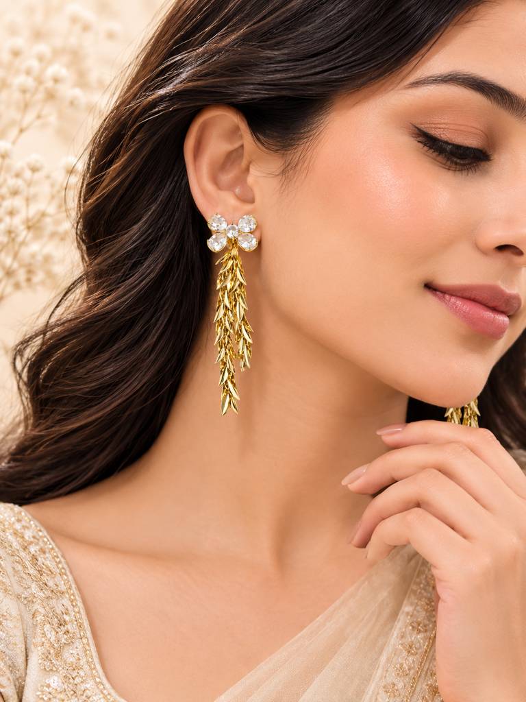 Crystal Blossom Leaf Drop Earrings : AN-LJ-GO-0054-DE