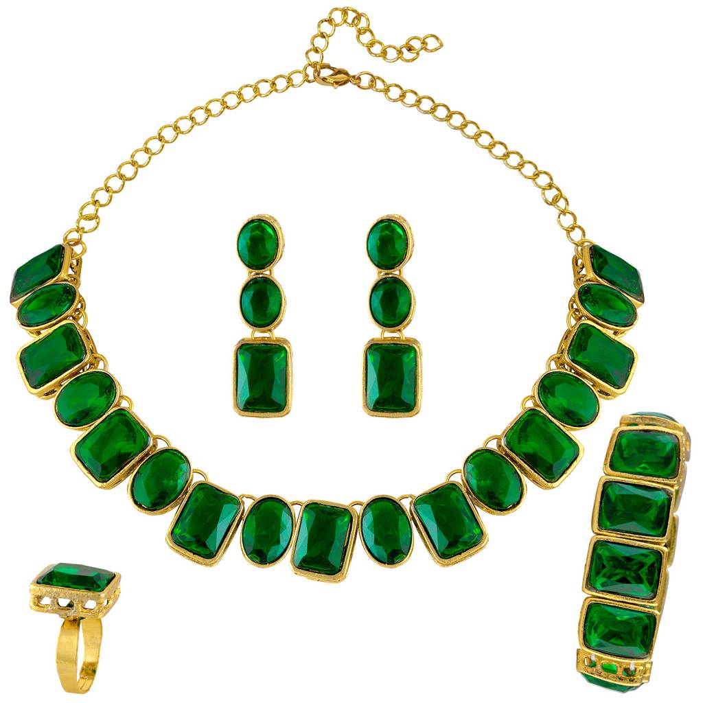 Peora Gold Plated Square Crystal Necklace With Drop Earrings Bracelet Finger Ring Indian Traditional Ethnic Jewelle : PF24N18G