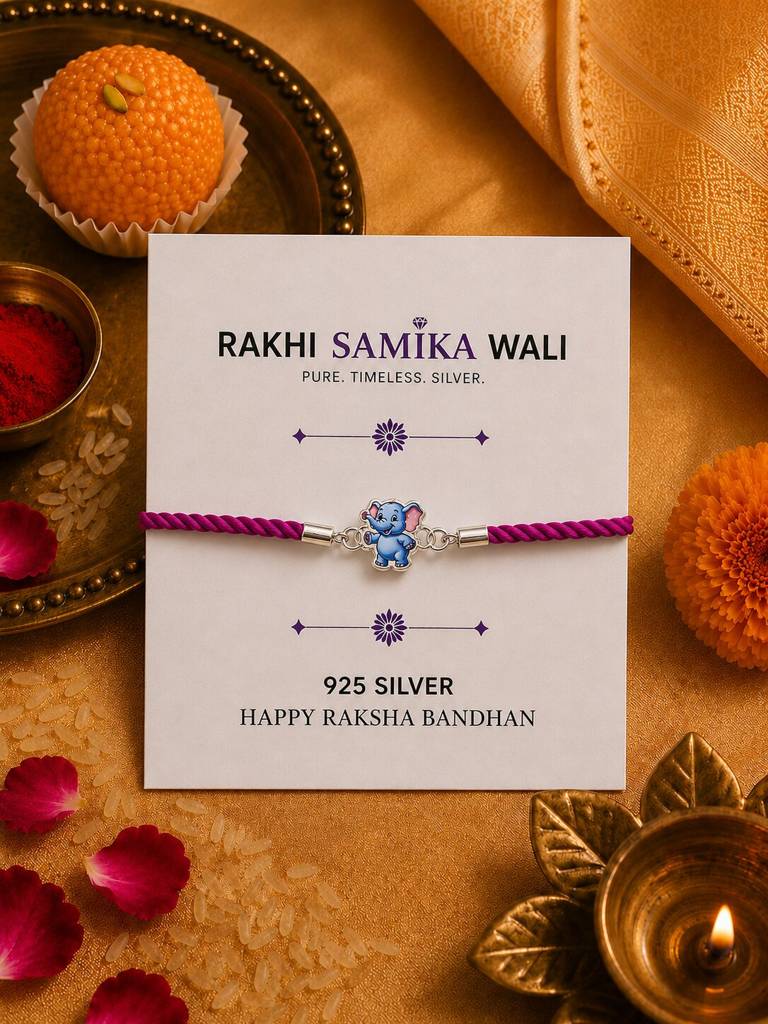 925 Sterling Silver Elephant Designer Kids Rakhi With Roli-Chawal Set : SMK-RKH-022