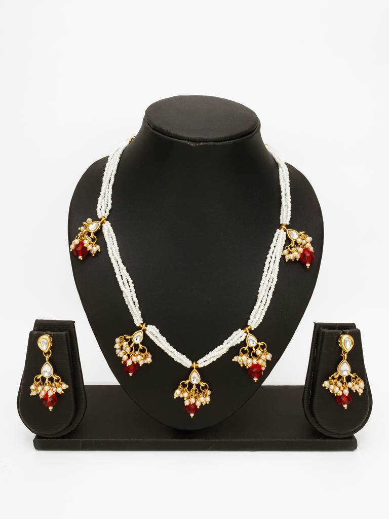 Gold Plated Multistrand Beaded Necklace Set With Kundan And Red Drop Stones : NK4705