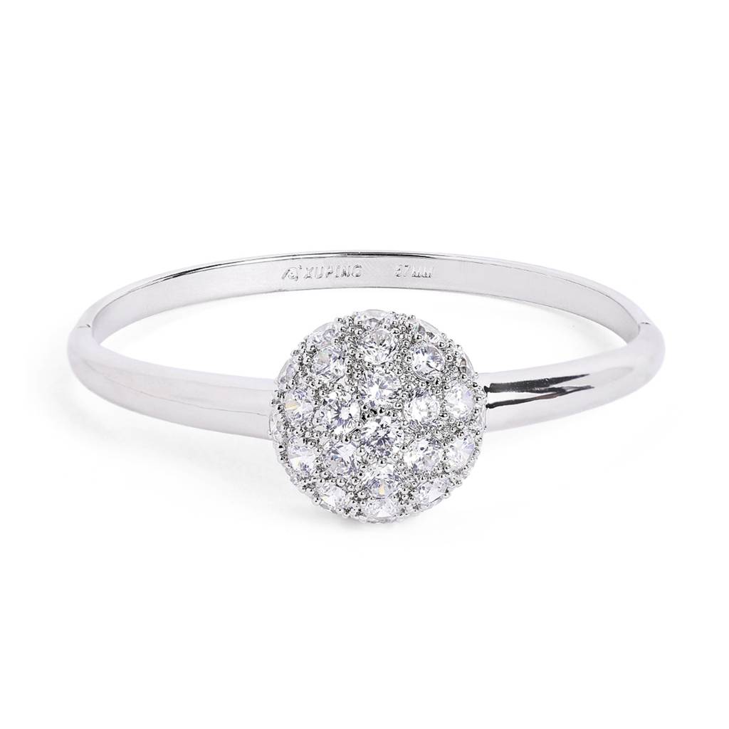 Rhodium Finish Ball Kada Bracelet | Round Crystal Front Statement Design : CAD-005-IR-BR