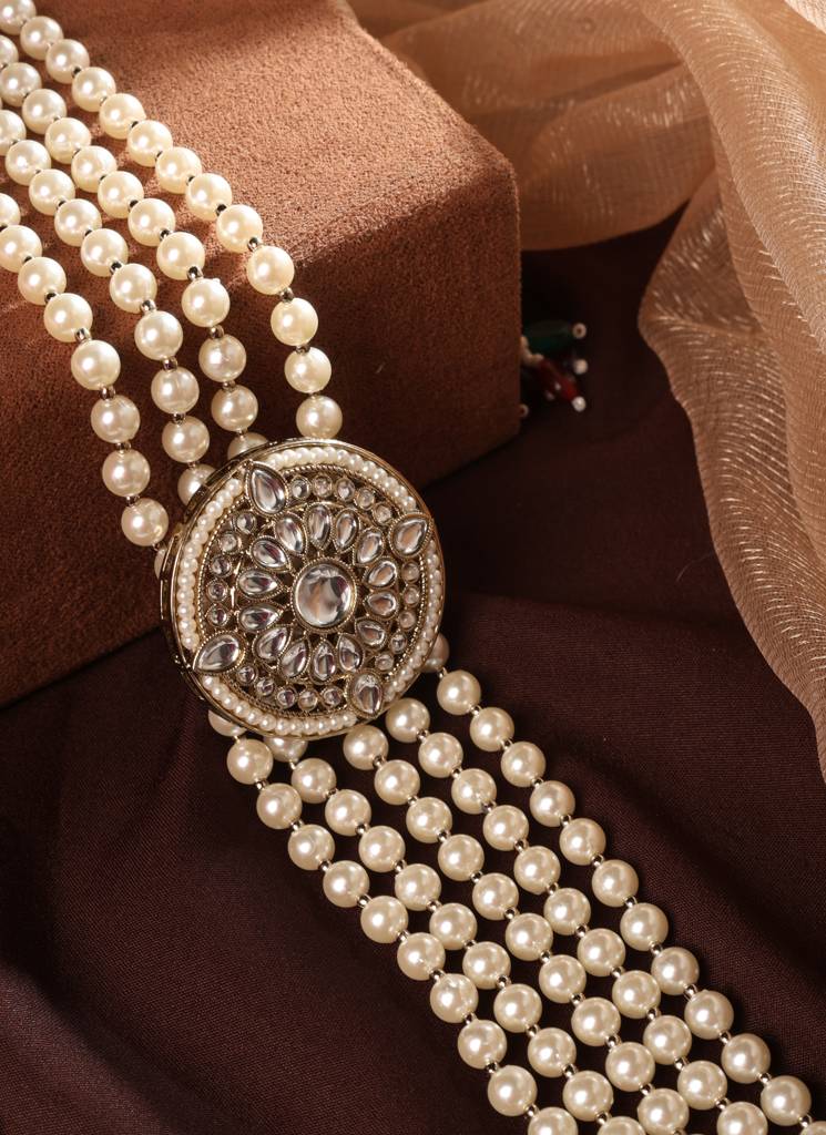 Luxurious Flower Design Pearl 5 String White Stone Kundan Antique Gold Plated Long Haram Necklace Mala For Women : 6ML02_WHITE