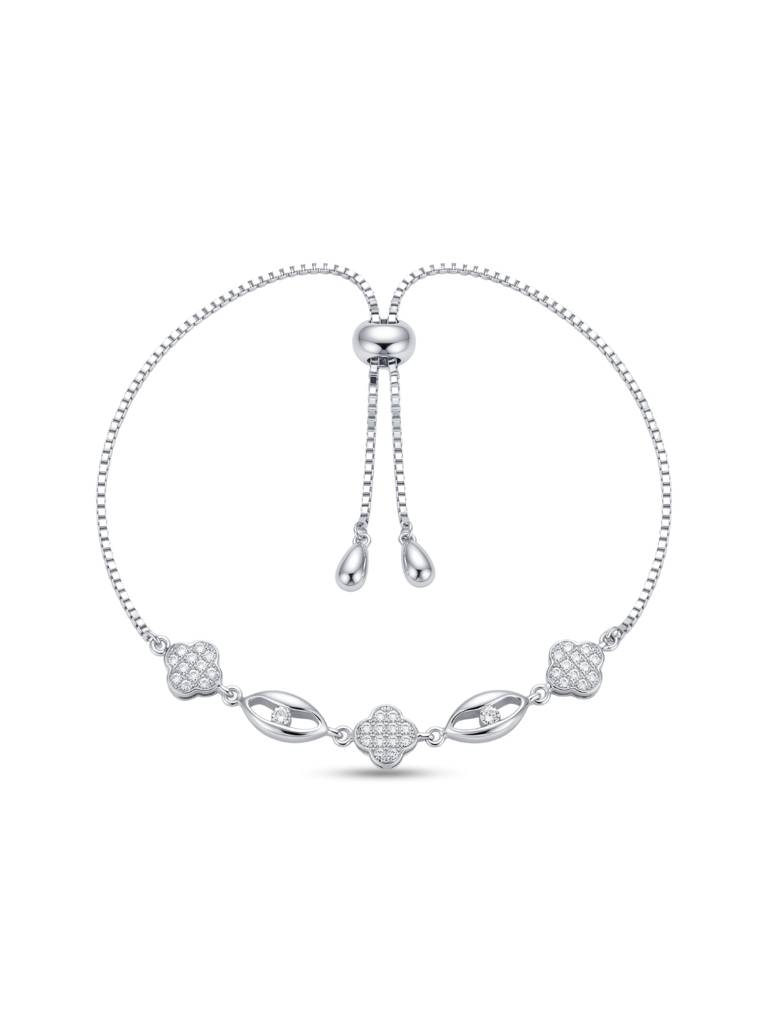 925 Silver Clover Flower Crystal Bracelet For Women : BR-56