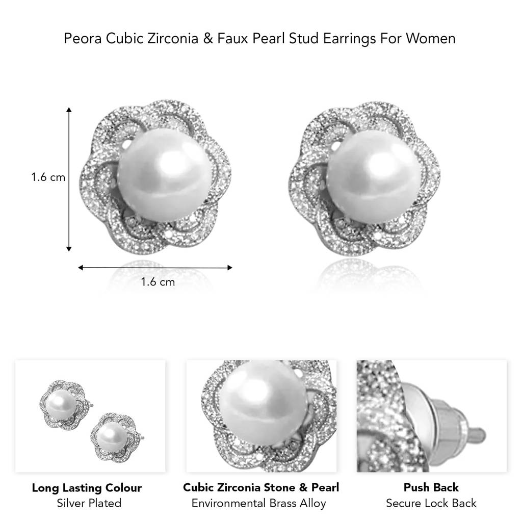 Silver Plated Cz & Pearl Studded Floral Shaped Stud Earrings Fashion Jewellery Gift For Women & Girls : PX9E3020W