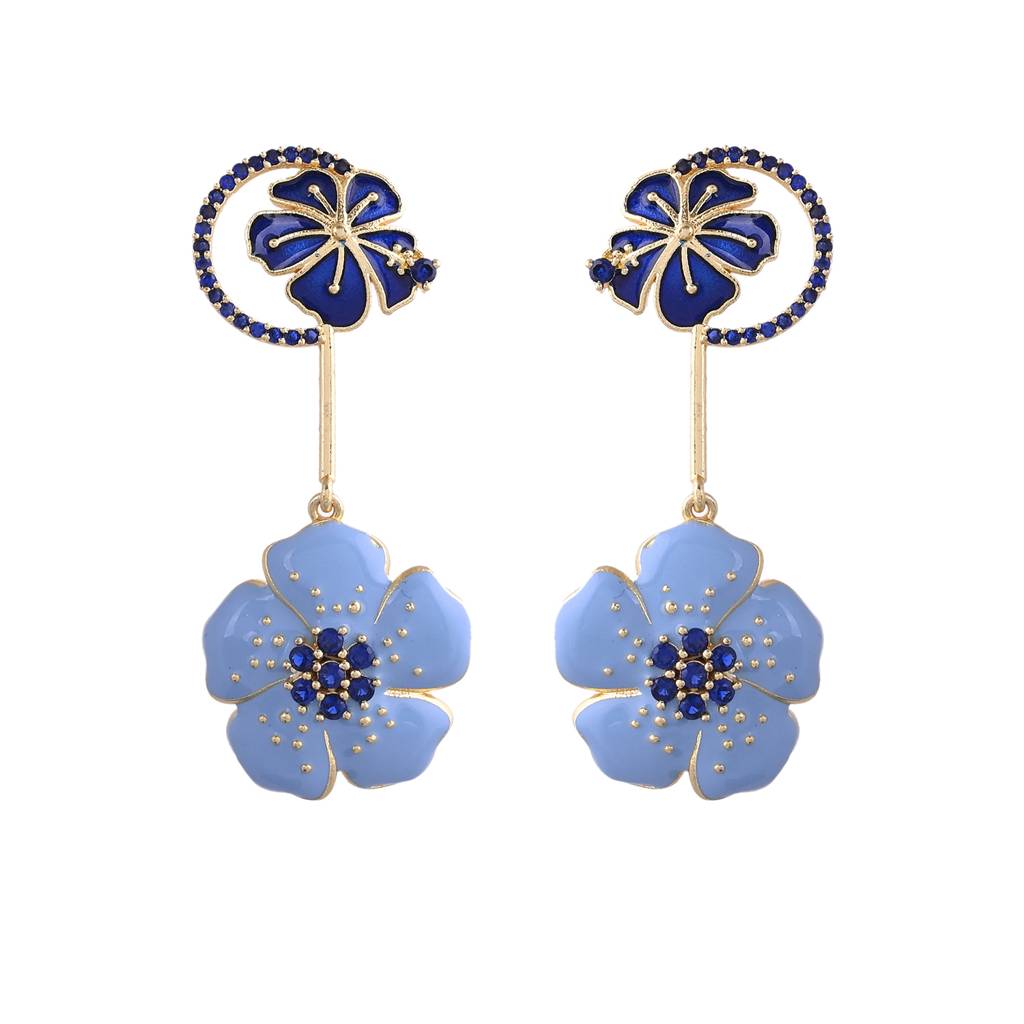 Flower Fantasy Ocean Blue Hibiscus Dangler Earrings : 8905124528787