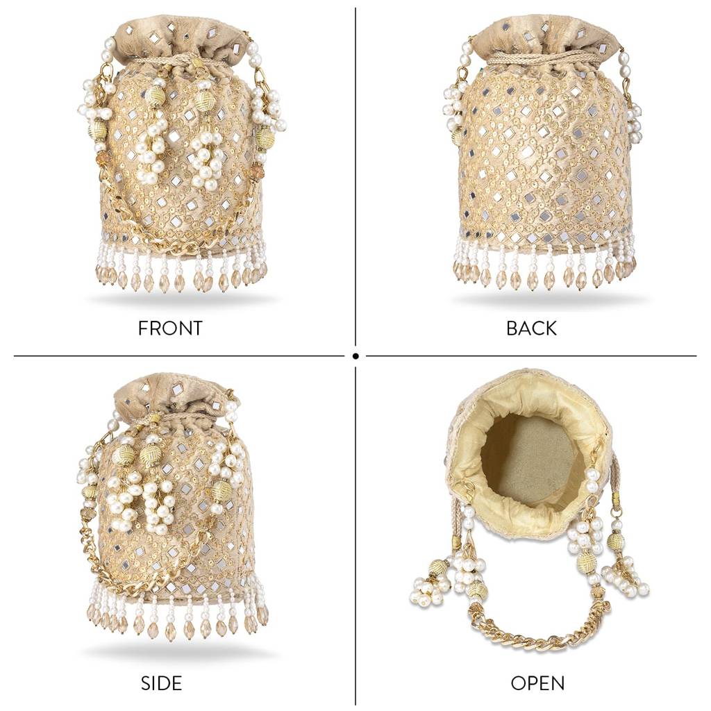 Cream Potli Purses For Women Handmade Evening Handbag Stylish Bridal Fashion Wristlet Bag For Girls (P168Crm) : P168CRM