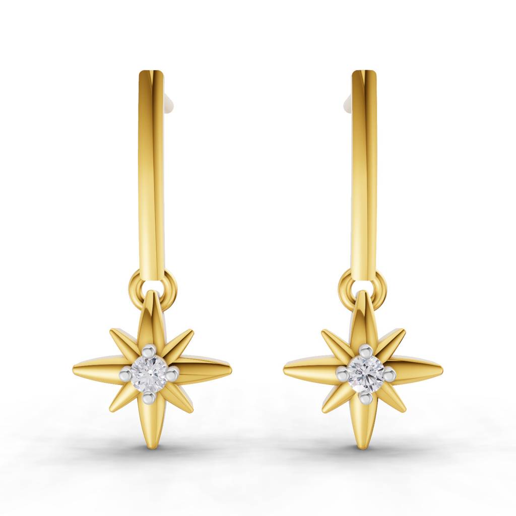 Lab Grown Diamond 0.07Ct Round 925 Sterling Silver Gold Plated Star Earrings : SQT19726-EG-925S-007CT