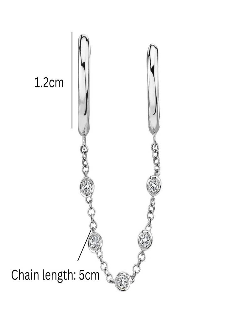 Silver Plated Anti-Tarnish Dual Huggie Zircon Ear Chain Earrings For Sinlge Ear : AWU0726E174S