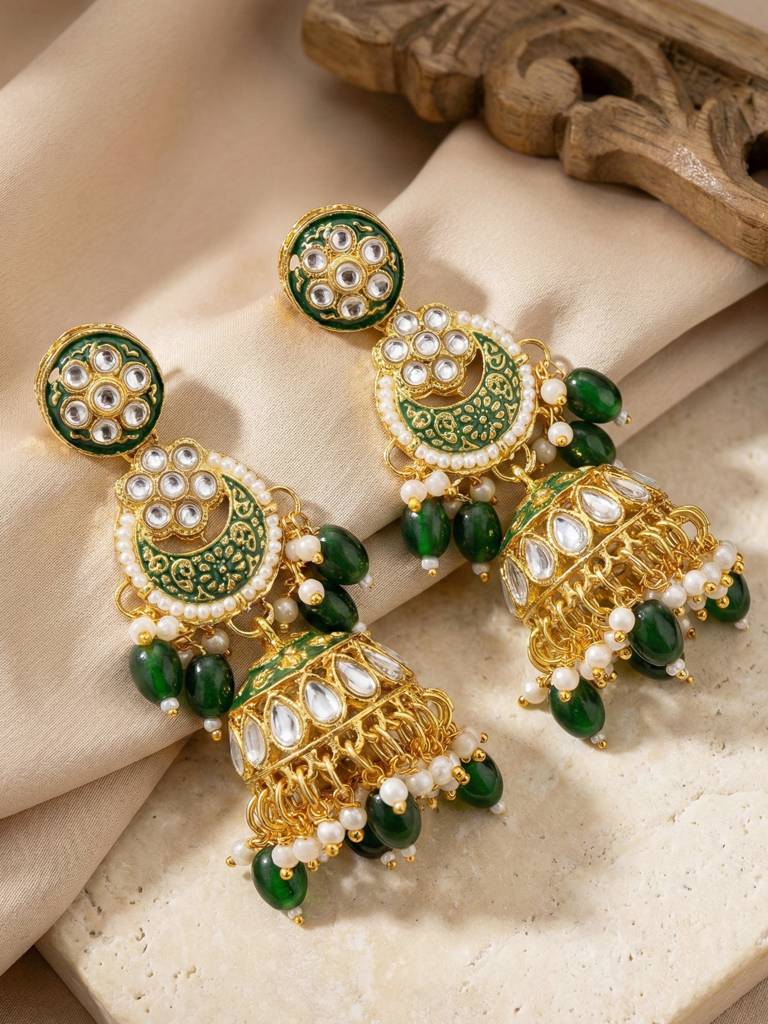 Gold Plated Kundan Green Beads Choker Jewellery Set For Women | Green Meenakari Bridal Ethnic Necklace Set W : 4554-IZS-0003-G