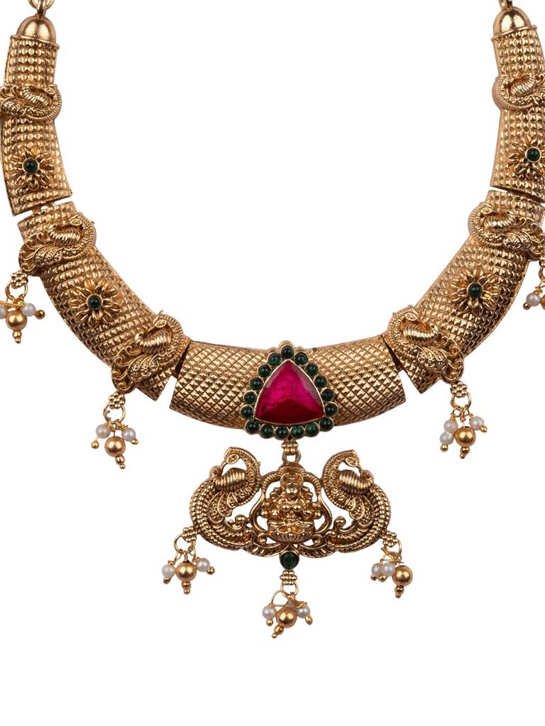 Traditional Temple Green Necklace Set : SATJS369RED
