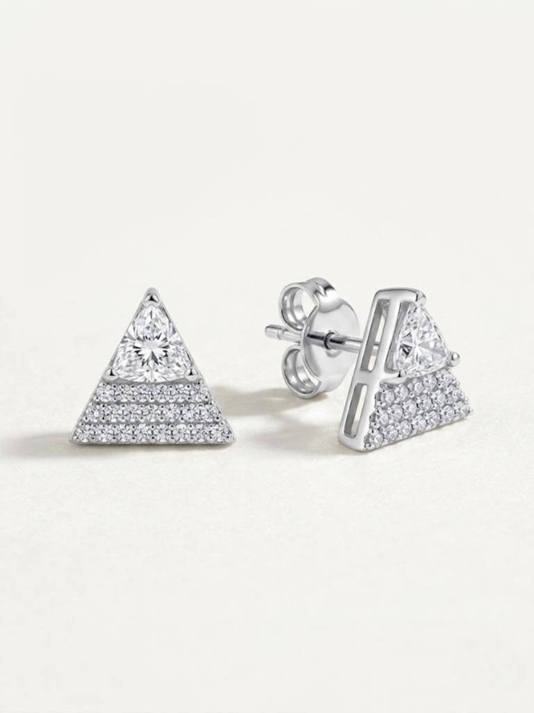 925 Silver Triangle Sparkle Stud Earrings For Women : E-14