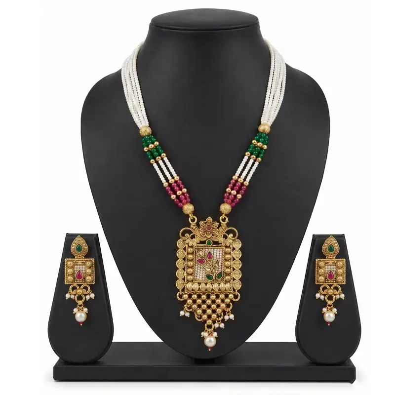 Gold Plated White Enamel Necklace Set With Earrings For Women | Ethnic Jewellery : OSLFJ-005-IGWE-NKER