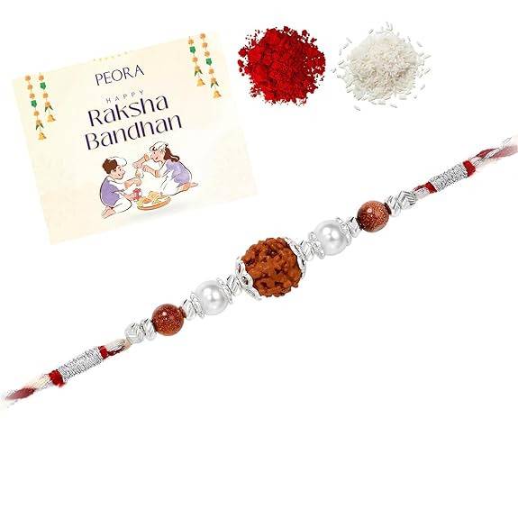 925 Sterling Silver Rudraksh & Pearl Rakhi For Brother Bhaiya Maroon & Cream Thread Raksha Bandhan Hamper With Roli C : R18S08