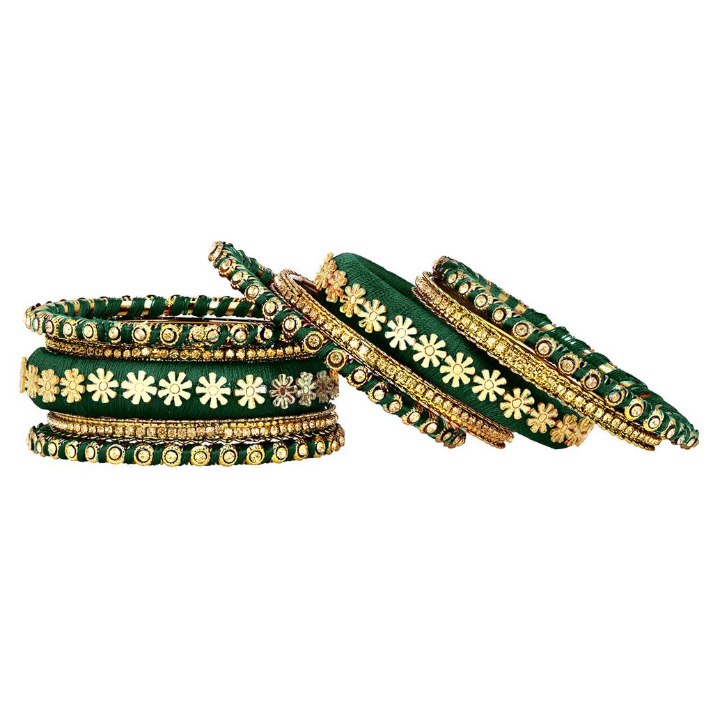 Peora Stone Studded 2.6 Inch Dark Green Silk Thread Bangles Set Ethnic Fashion Jewellery Navratri Gift For Women : PF51B78DG