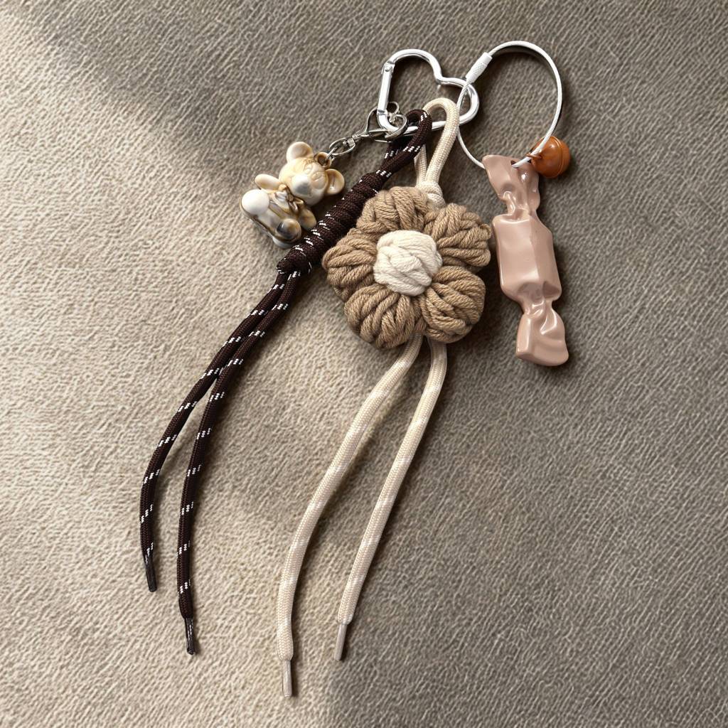 Brown Floral Crochet & White Puppy Duo Bag Charm : C-BG-0009-BR