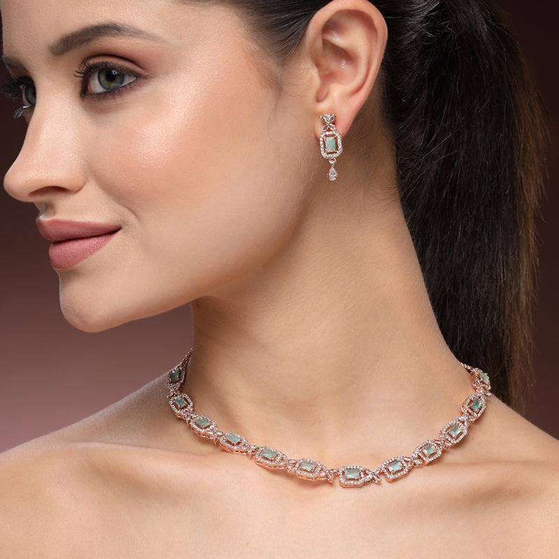 Exclusive Designer Rose Gold Plated Mint Green American Diamond Necklace Set – Lightweight Luxury Jewelry Fo : AD-837-RGMGNKER