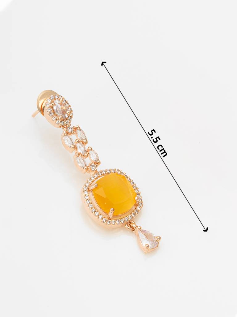 Reception Wear Rose Gold Teal And Yellow Pendant Necklace Set With Tassel Drop And Cushion Stone Earrings : NK4215