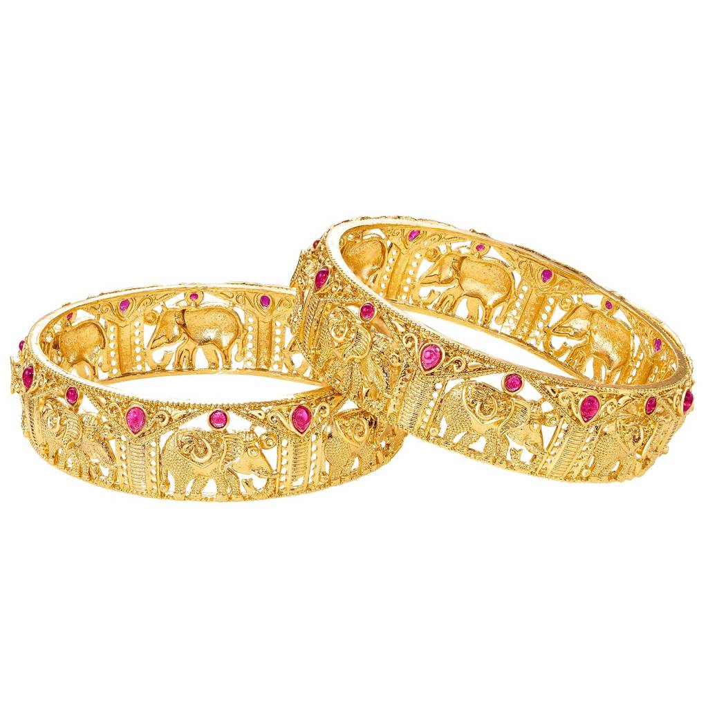 Gold Plated Rani Pink Crystals Studded Ethnic Thick Bangles For Women | Faux Ruby Studded Chuda, Set Of 2, S : PF106B05RP-S2-8