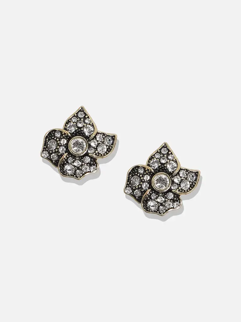 Adina-Gold Plated Rhinestones Black Flower Stud Earring : SOHEAR3484