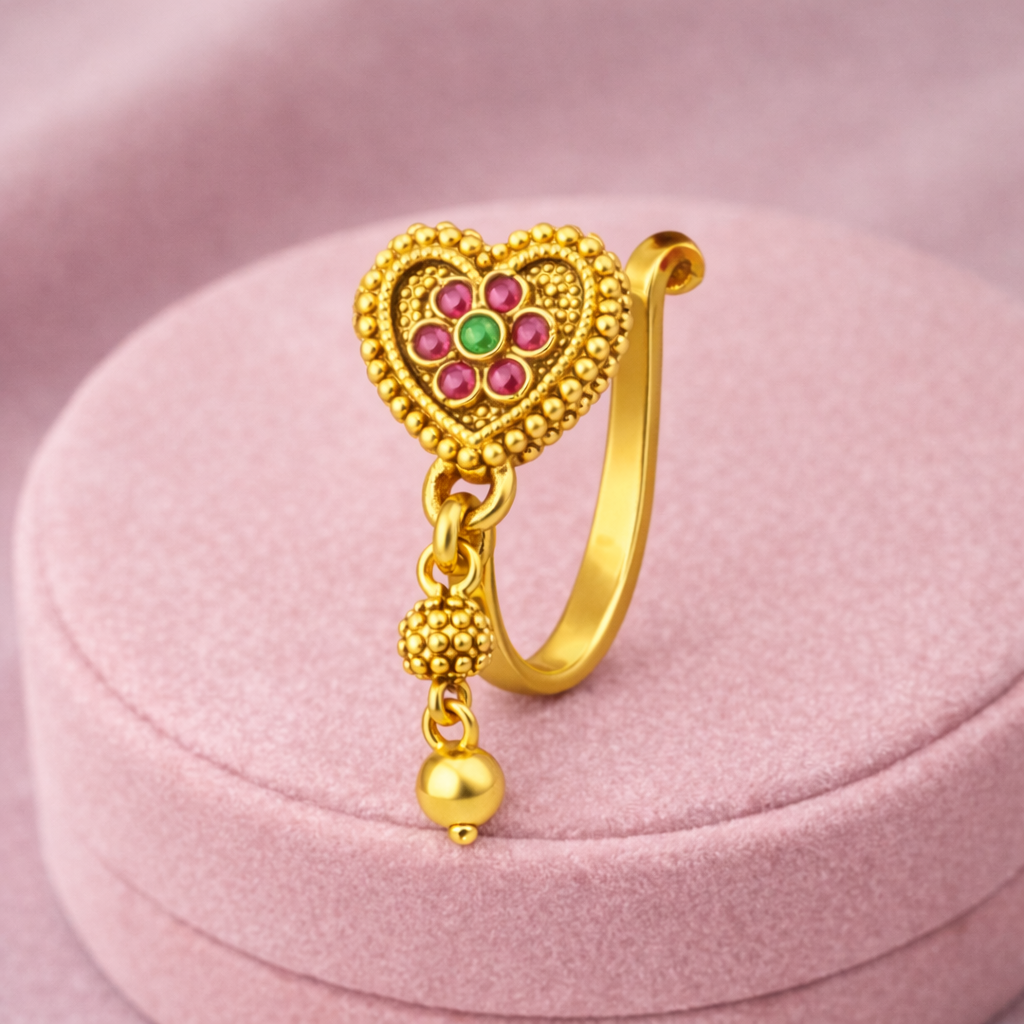 Floral Ruby & Green Stone Heart Clip-On Nose Pin 925 Sterling Silver Yellow Plated : CNP-0033
