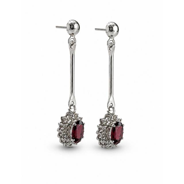 925 Sterling Silver Garnet Gemstone Long Drop Earrings With Floral Design : FU-1385