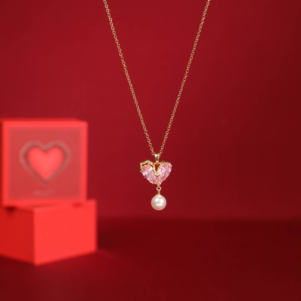Heart Of Pearl Necklace-Pink With Valentine Box : NS14345-G-PNK