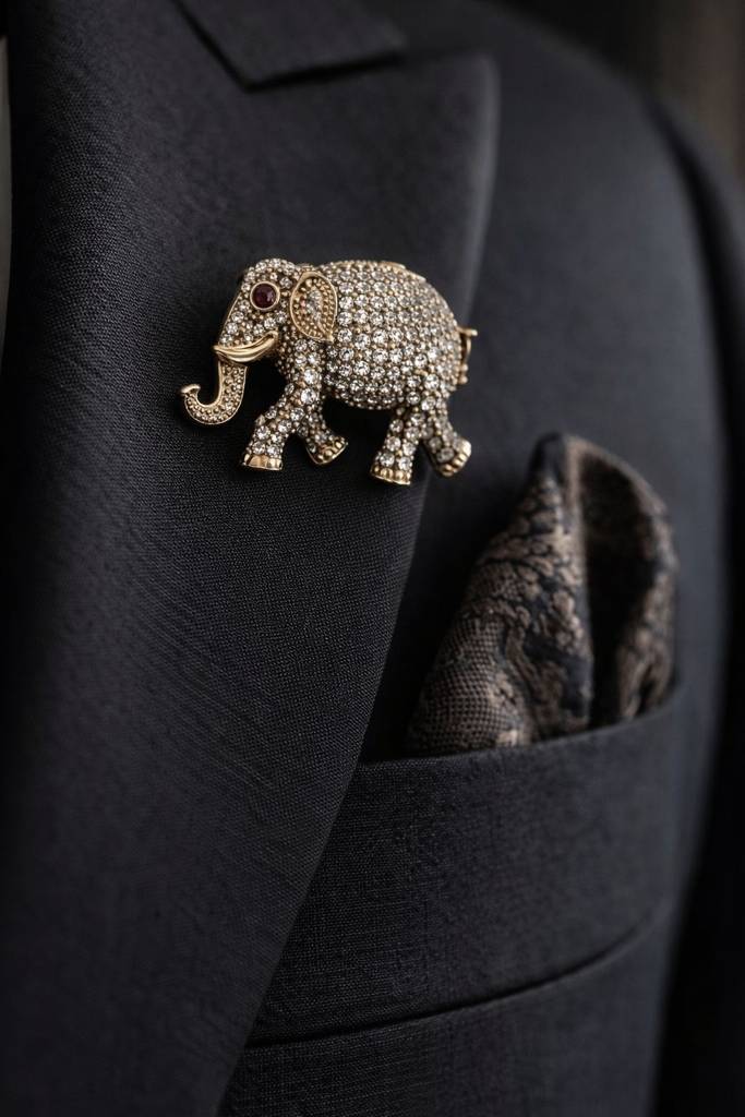 Antique Gold Finish Diamond Studded Elephant Unisex Brooch With Ruby Detailing : 900010