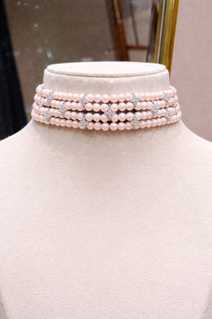 Anti Tarnish Pink Pearl Layered Choker Necklace Set With Earrings For Women | Pink Pearl Wedding, Party Wear & Fest : 500055_2