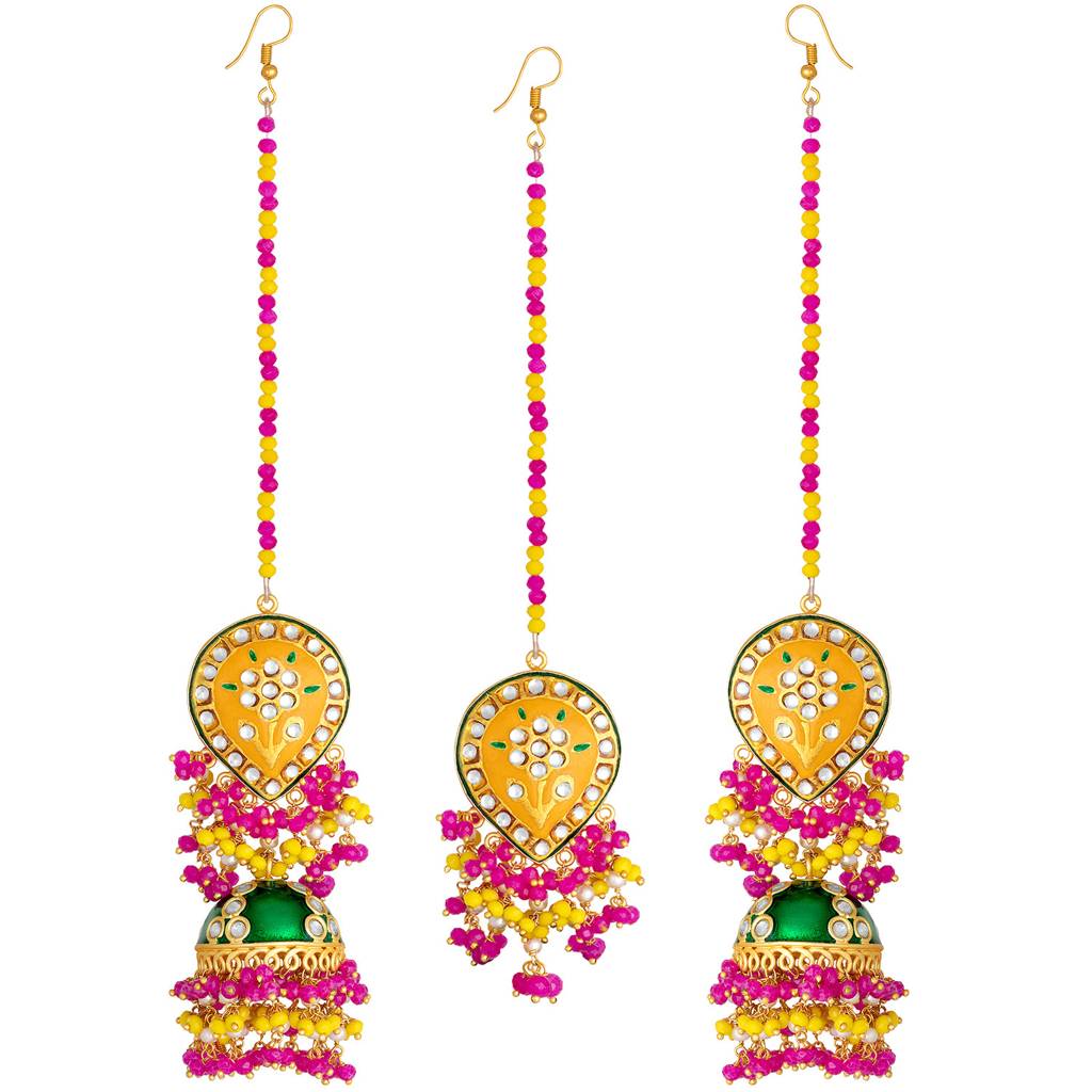 Peora Handcrafted Enamel Meenakari Jhumki Earrings With Maang Tikka Jewellery Set For Women & Girls : PF66ET67ML