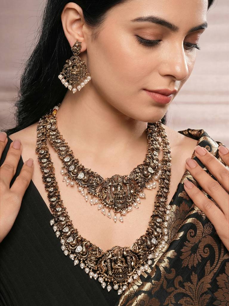 Combo Black Gold Victorian Zircon Temple Lord Krishna With Peacock Motif Bridal Jewellery Set : SJNK2995