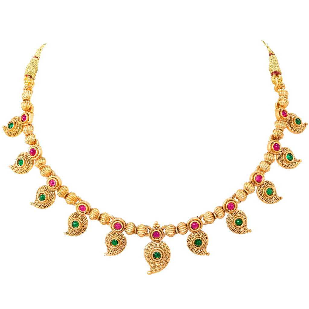 Gold Plated Green Rani Pink Leaf Necklace Earrings Set For Women : PF109N04RPG