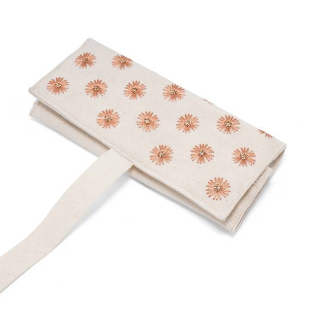 Jewelry Roll Organizer White Soft Suede Fabric With Copper Badla Thread Embroidery, Handmade Travel Jewelry St : LM1030-WhtGld